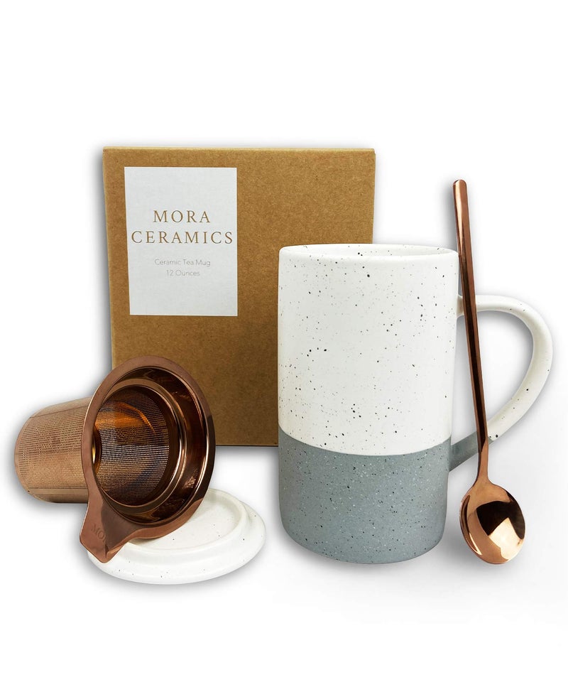 Mora Ceramics Tea Cup with Loose Leaf Infuser, Spoon and Lid, 12 oz, Microwave and Dishwasher Safe Coffee Mug - Rustic Matte Ceramic Glaze, Modern Herbal Tea Strainer - Great Gift for Women, Flint - Image 1